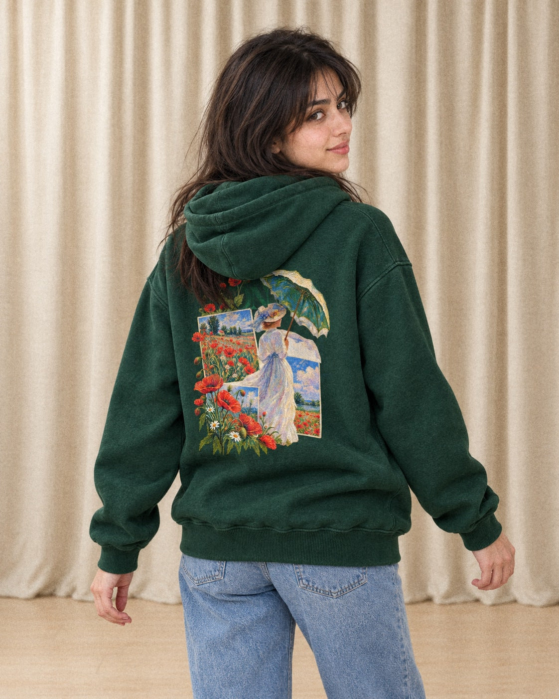 Monet Parasol and Poppies Hoodie - Back Print Model Shot | My Turtle